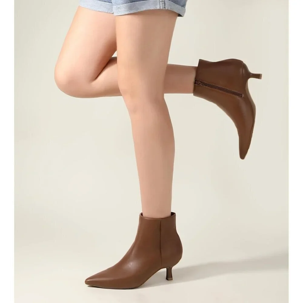 Women's Brown Kitten Heel Ankle Winter Dress Shoes Pointed Toe Side Zipper Boots